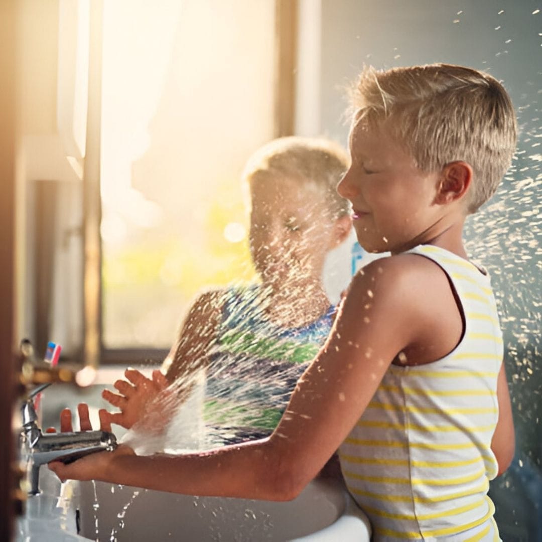 Boys spraying water from faucet in home f75fcdc0 9c60 4255 86f5 69f77f2e554f - High Quality Product Image